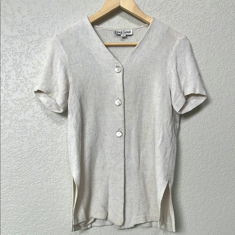 Vintage Fine Line Blouse Knit Button Down Cream Tan Size Small